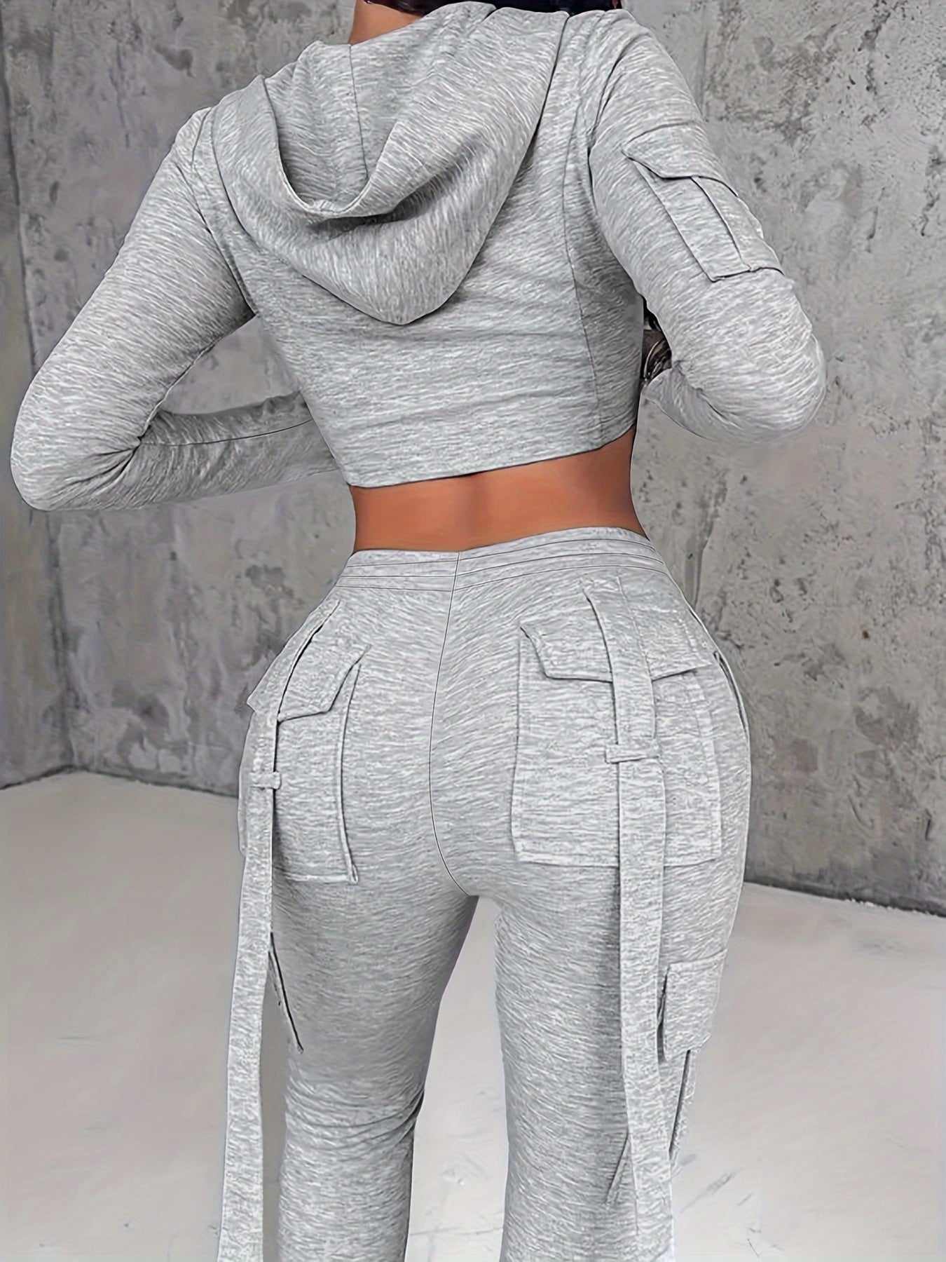Women's Chic Hooded Zip-Up Cardigan & Pants Set - Stretchy Polyester Blend, Machine Washable, Casual Knit Outfit with Pockets, Solid Color, All-Season Comfort Fit